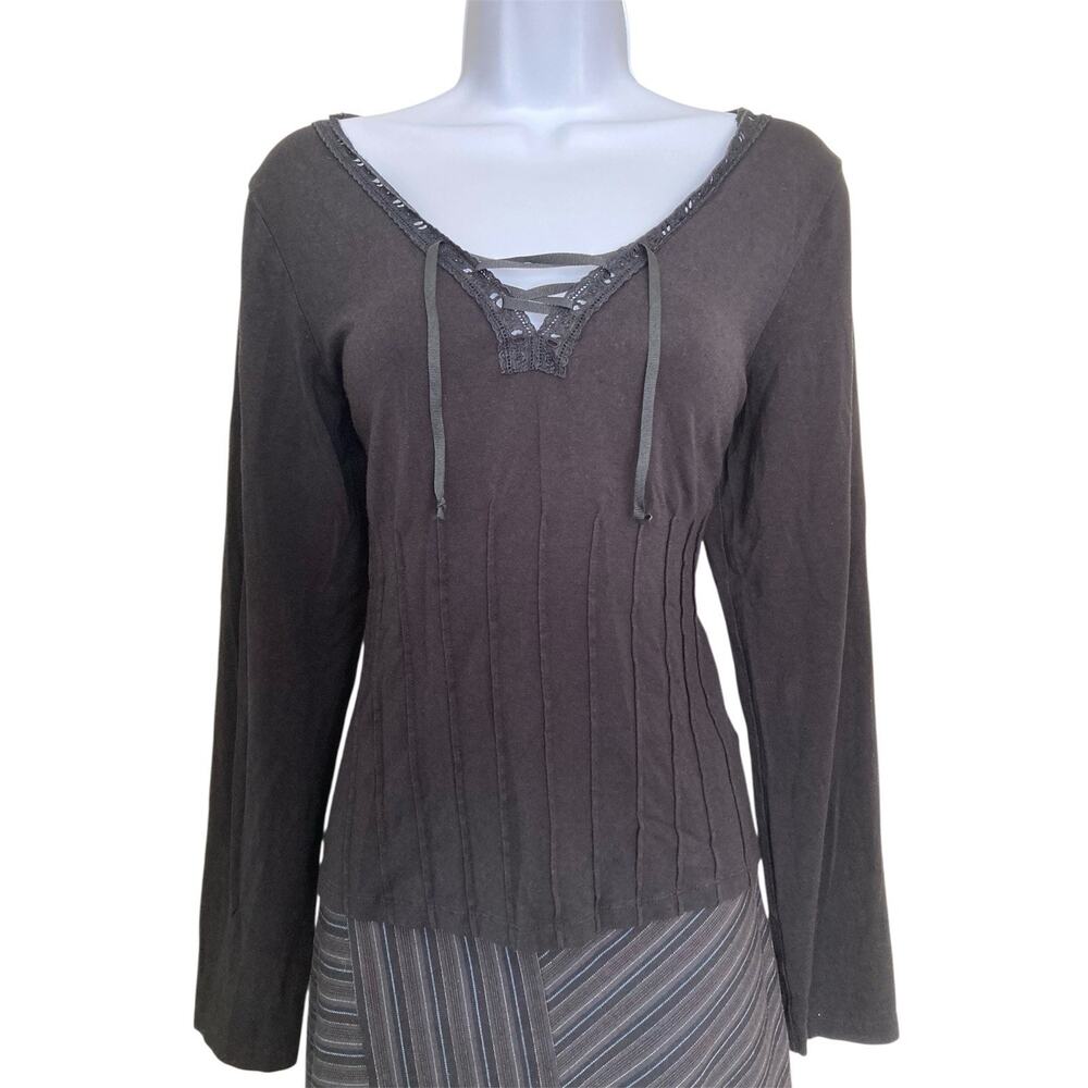 Vintage 90s Y2k Goth Boho Grunge Lace Up Ribbon Black Stretch Knit Top Size M/L